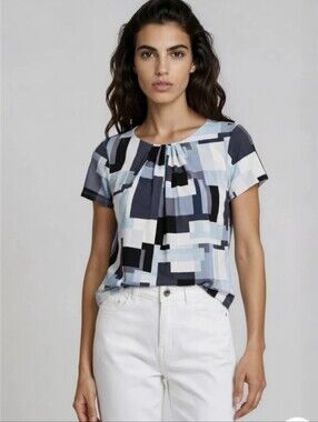 Geometric Print Short Sleeve Blouse - Blue Multi